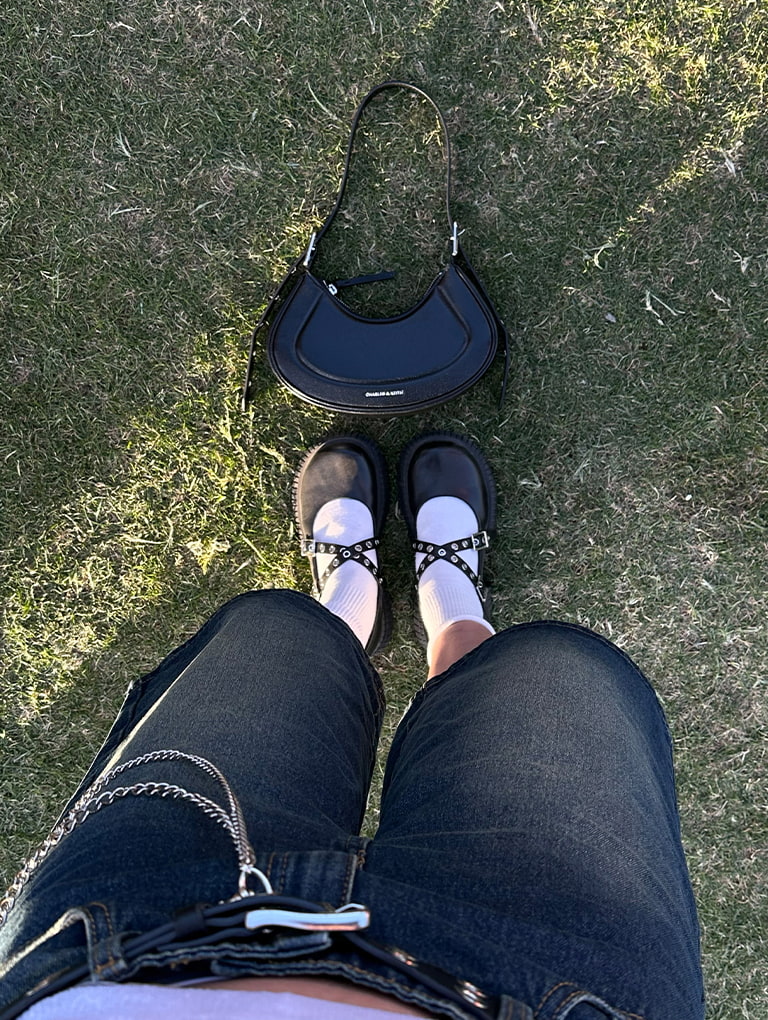 Women’s Petra curved shoulder bag and grommet-strap platform Mary Janes, as seen on Stephanie Hui – CHARLES & KEITH