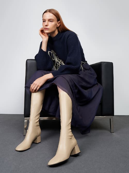 Block Heel Knee Boots, Sand