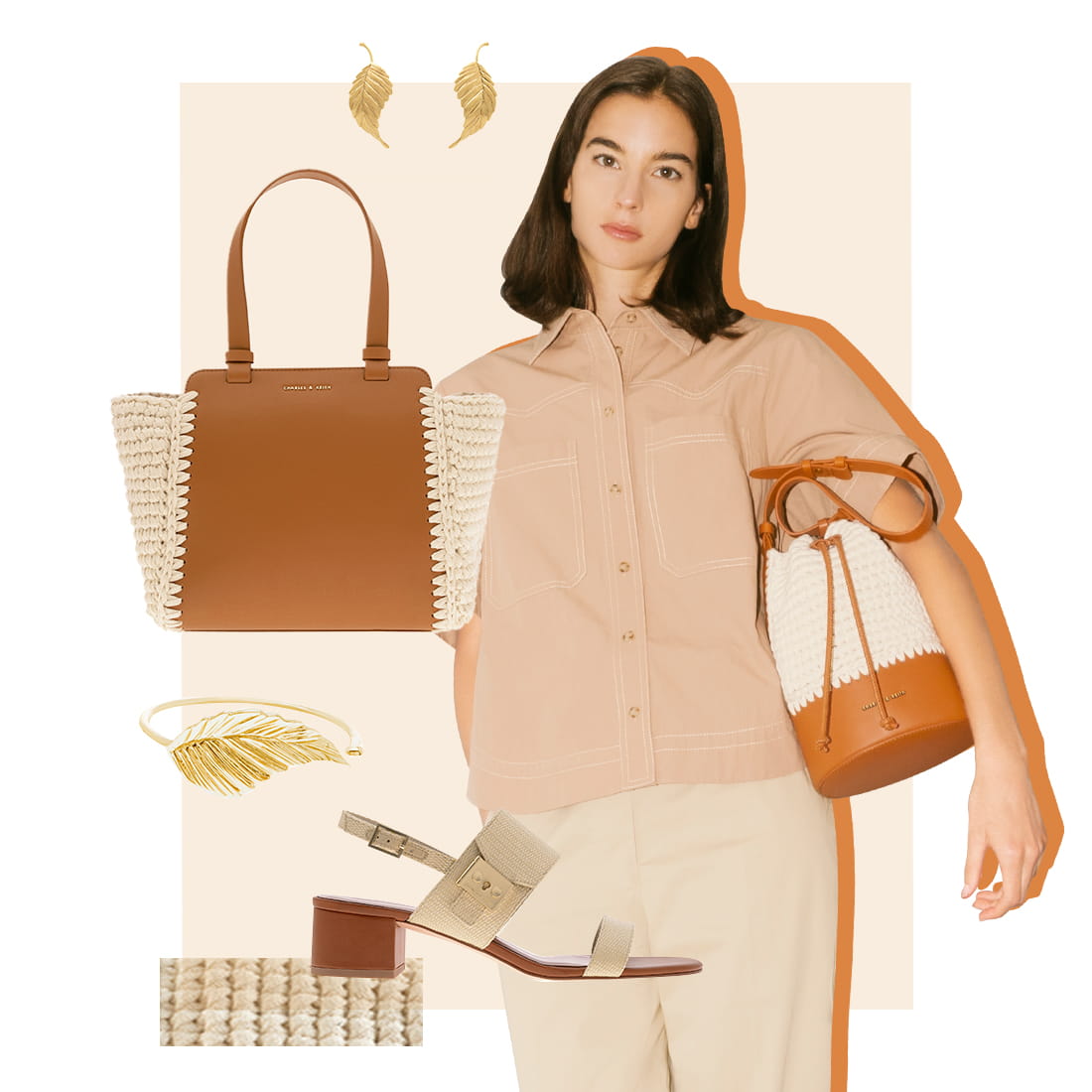 Women’s crochet drawstring bucket bag and raffia buckle strap sandals - CHARLES & KEITH
