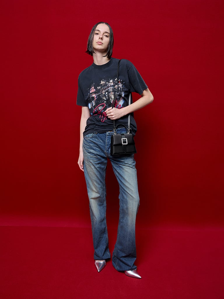 Satin Crystal-Buckle Belted Top Handle Bag in black — CHARLES & KEITH