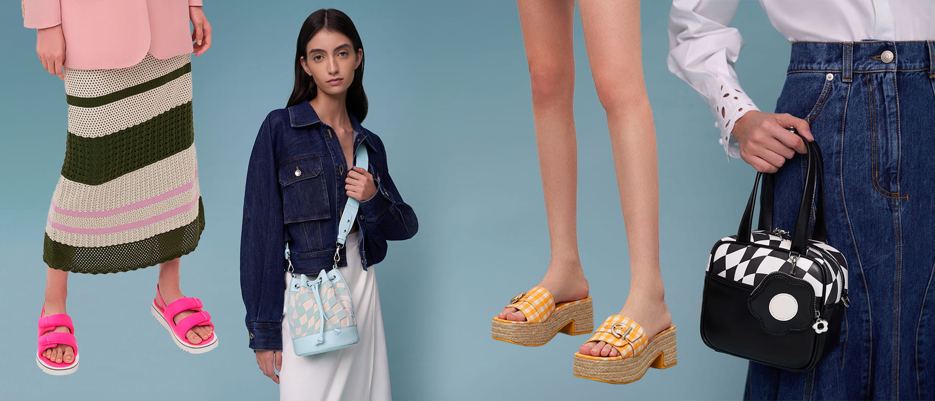 Women’s Minka checkered boxy bag, buckled linen gingham-print platform espadrilles, Danika chunky chain padded bag, and Amora heart cut-out lace-up pumps - CHARLES & KEITH