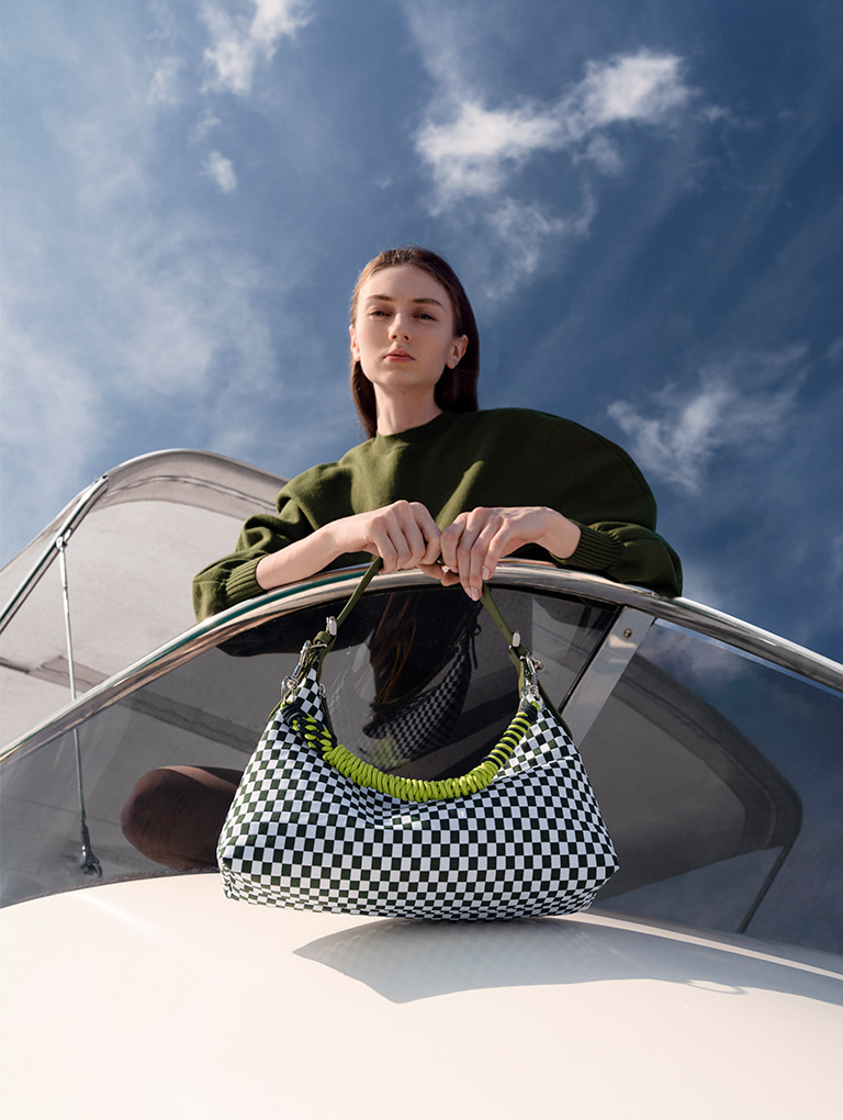 Women's dark green coiled handle checkered bag - CHARLES & KEITH
