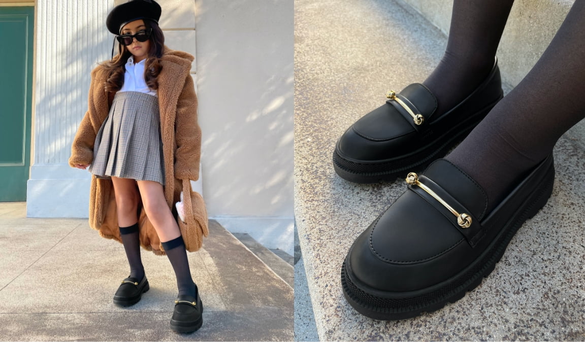 Girls’ metallic accent penny loafers in black and girls’ furry top handle bag in camel – CHARLES & KEITH