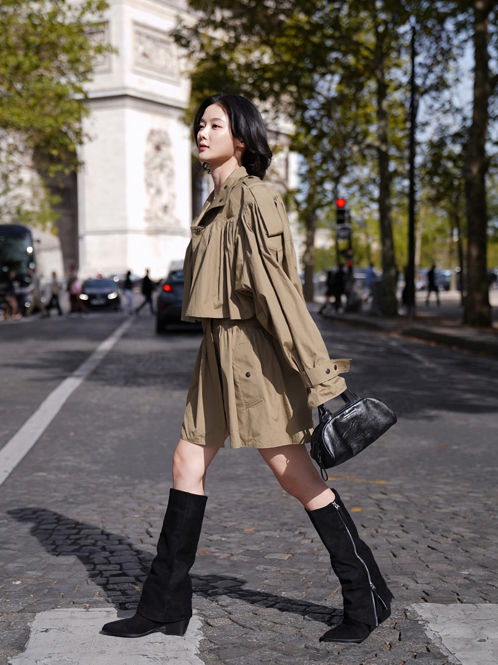 Women’s Vega elongated bowling bag and Aether faux suede tassel-zip knee-high boots, as seen on Kim You Jung - CHARLES & KEITH