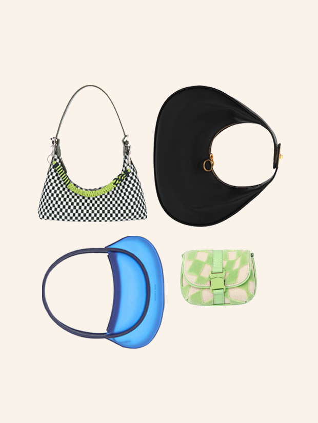 Women’s knit & nylon crossaint bag, crescent hobo bag, graphic top handle shoulder bag, and Zeta belt buckle checkered mini bag   - CHARLES & KEITH