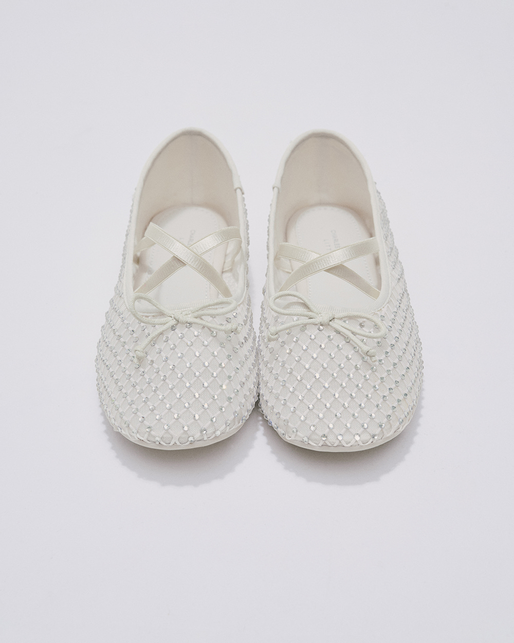 Girls’ mesh crystal-embellished crossover-strap ballet flats in white - CHARLES & KEITH