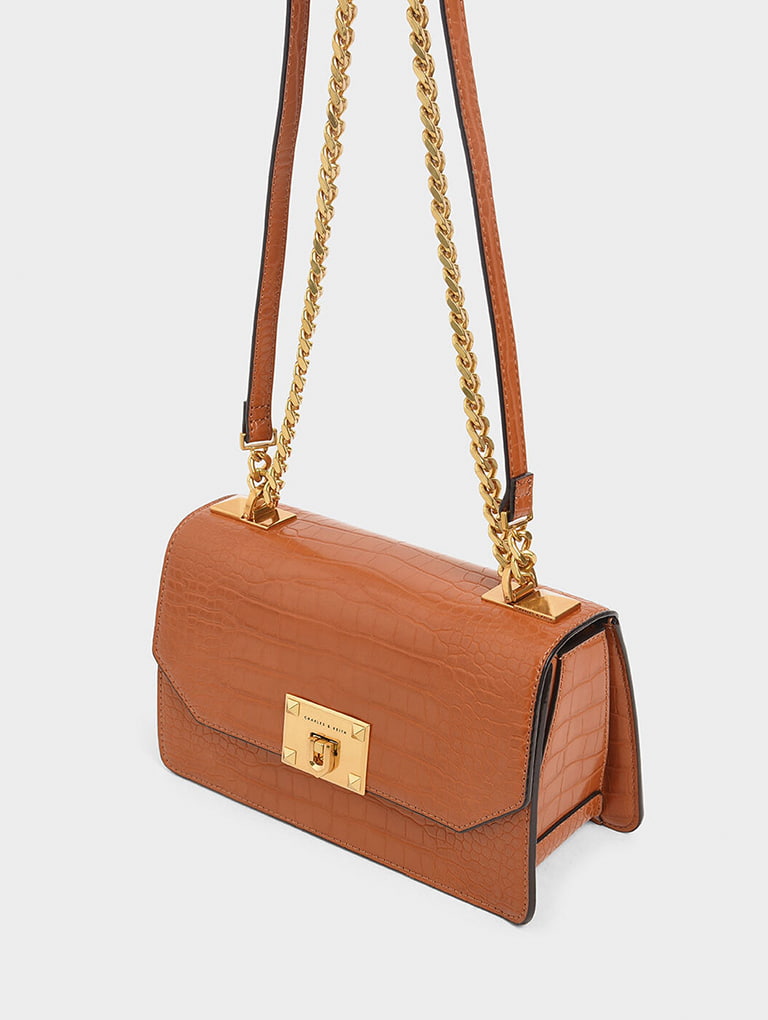 Croc-Effect Chain Strap Crossbody Bag in cognac  - CHARLES & KEITH