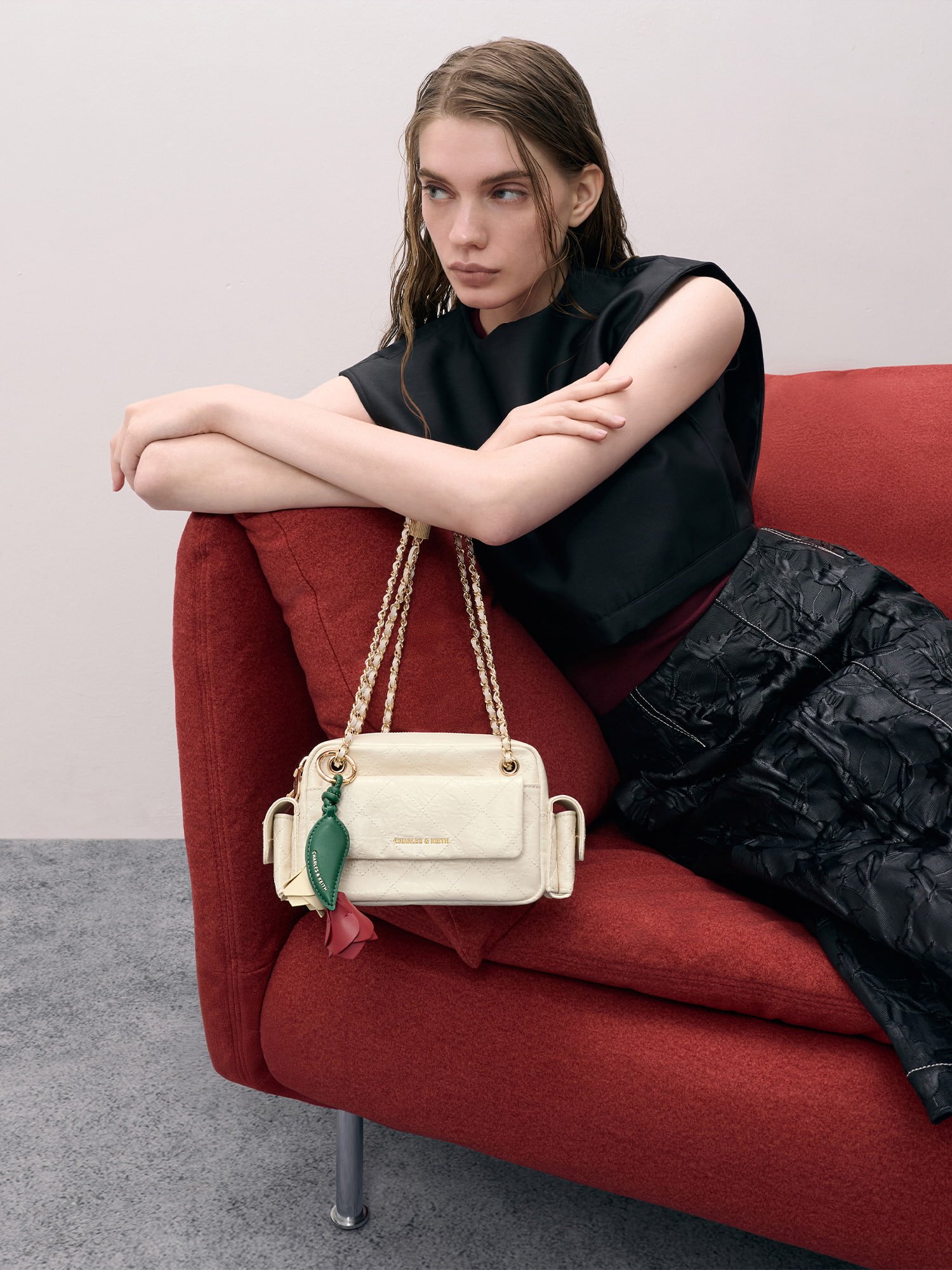 Cream Duo Quilted Crossbody Bag - CHARLES & KEITH