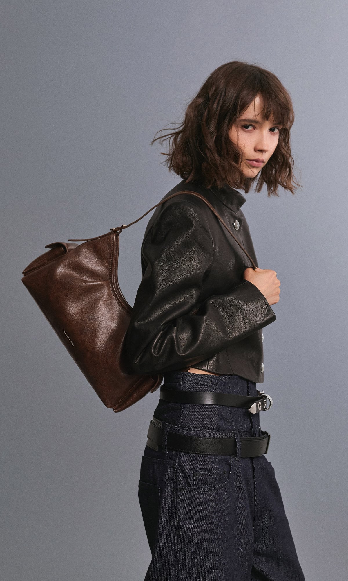 Distressed Coffee Khai Side-Pocket Shoulder Bag - CHARLES & KEITH