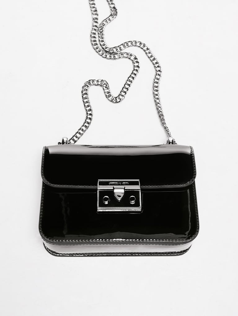 Women’s Alia chain-strap patent crossbody bag in black - CHARLES & KEITH