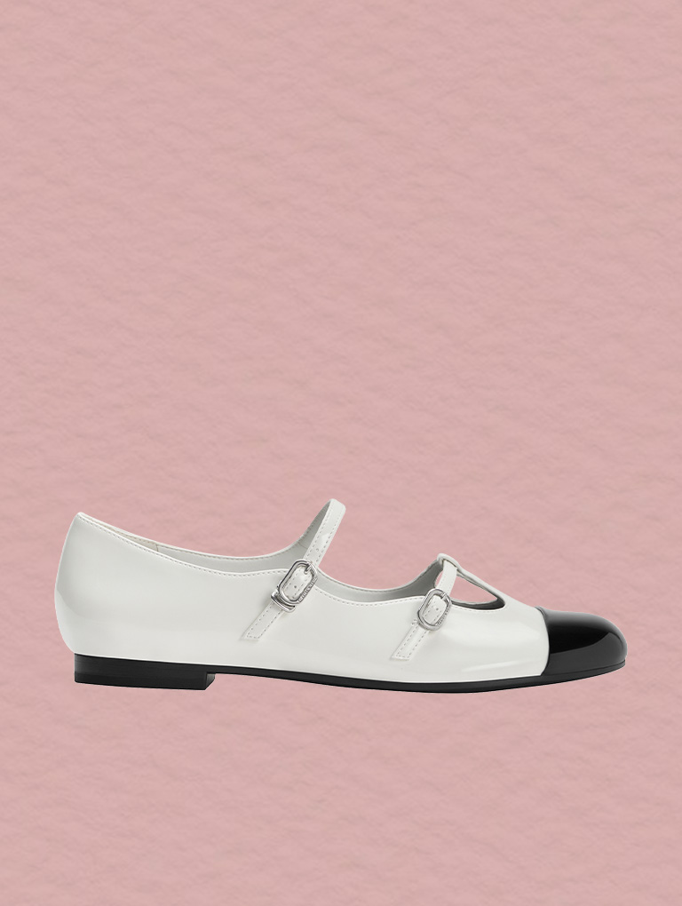 Women’s double-strap T-bar Mary Janes in white - CHARLES & KEITH