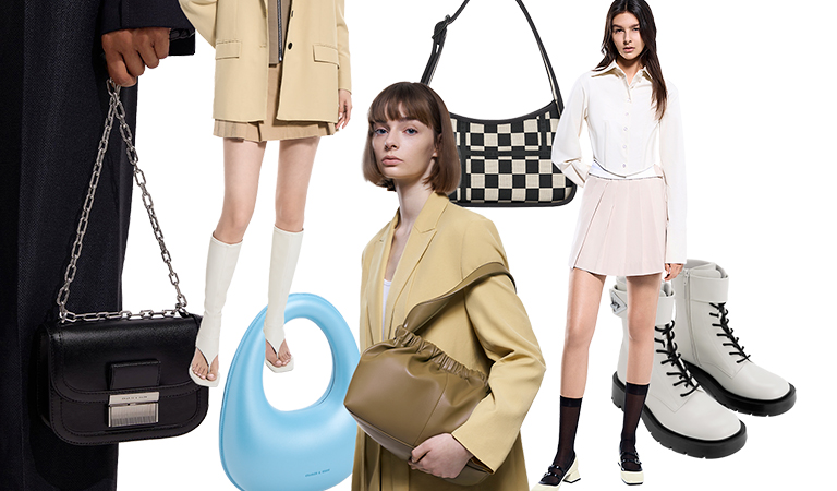 Women’s Charlot chain strap bag, kitten heel thong knee-high boots, sculptural top handle moon bag, Avenue checkered trapeze shoulder bag, large Ally ruched slouchy bag, patent double buckle two-tone Mary Janes and Trice metallic accent ankle boots – CHARLES & KEITH