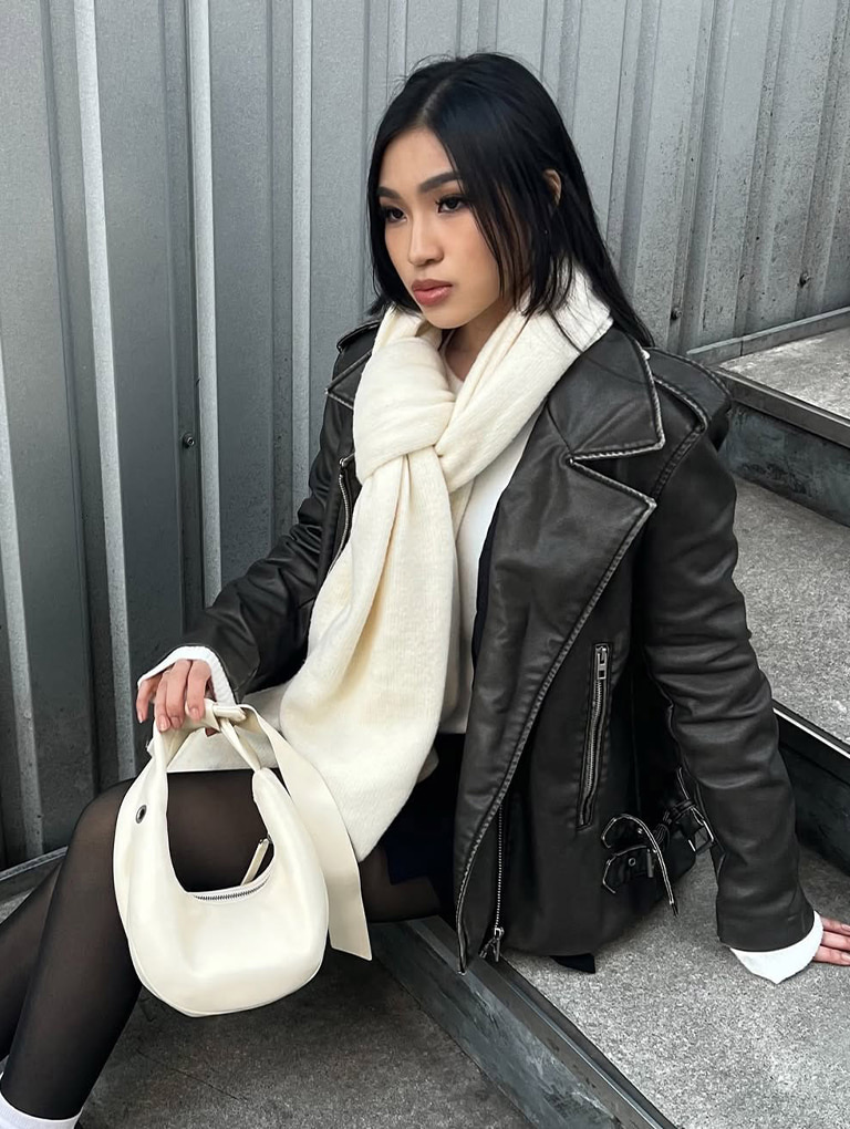 Women’s micro Toni knotted crescent hobo bag and Mino ruched Mary Jane pumps, as seen on Eugene Laurent – CHARLES & KEITH