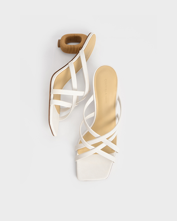Women’s White Sculptural-Heel Strappy Mules - CHARLES & KEITH