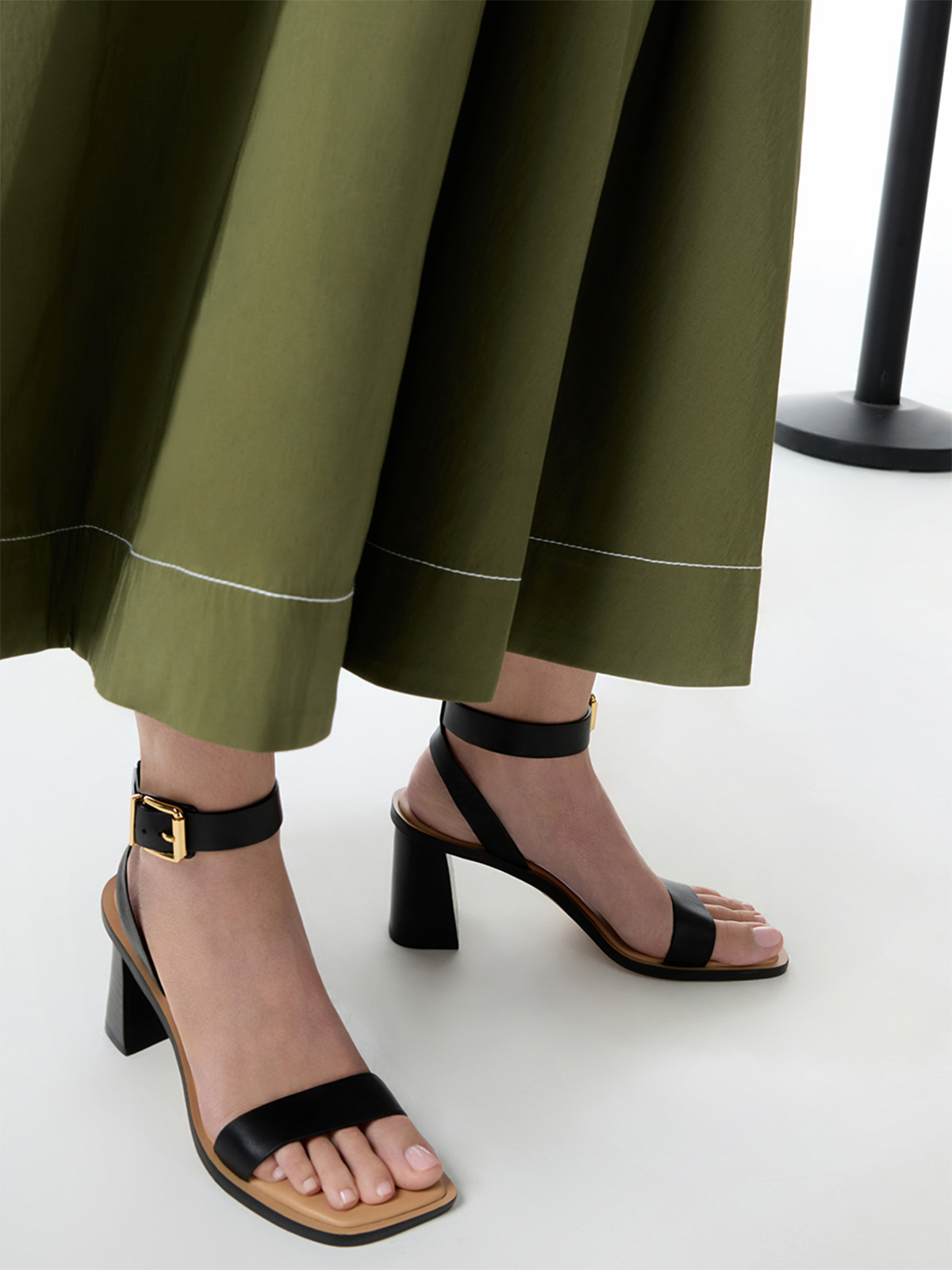 Black Leather Block-Heel Ankle-Strap Sandals  - CHARLES & KEITH
