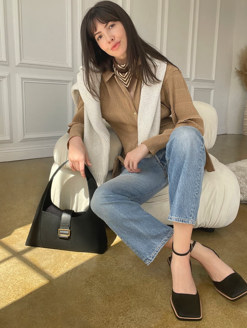 Women’s leather hobo bag and jacquard and leather sculptural heel pumps, as seen on Kat Collings - CHARLES & KEITH