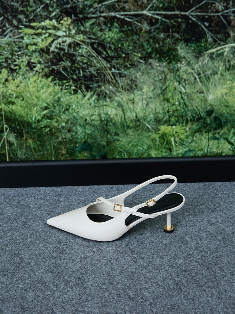 Buckled Sculptural-Heel Slingback Pumps in white — CHARLES & KEITH