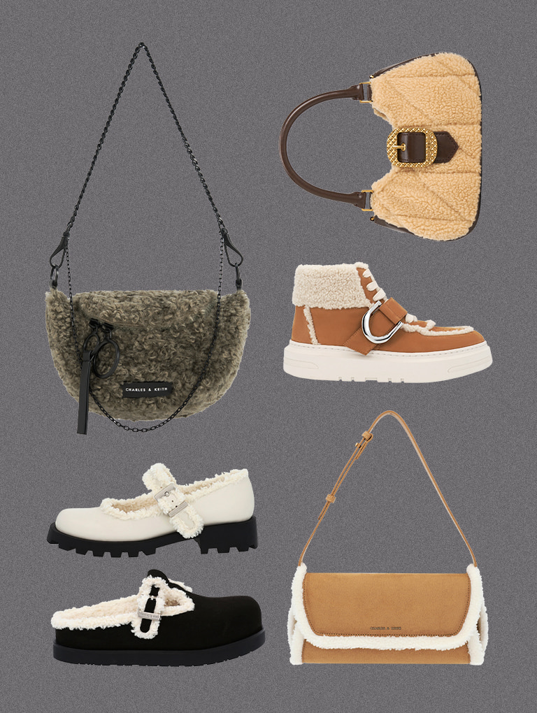 Women’s Gabine Leather Fur-Lined High-Top Sneakers, Fur-Trim Buckled Mary Janes, Textured Fur-Trim Buckled Mules, Cassiopeia Textured Fur-Trim Shoulder Bag, Avis Quilted-Fur Belted Top Handle Bag and Philomena Furry Half-Moon Crossbody Bag - CHARLES & KEITH