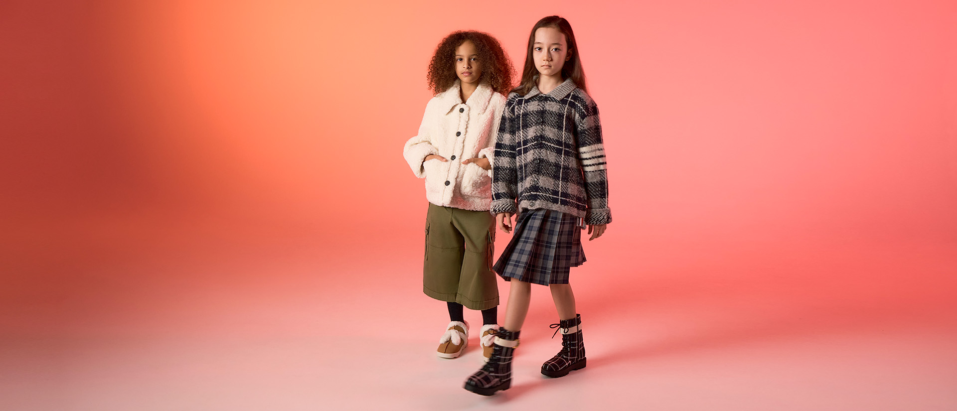 Girls' Fur-Trim Boots in camel and Gabine Check-Print Lace-Up Ankle Boots in textured black - CHARLES & KEITH