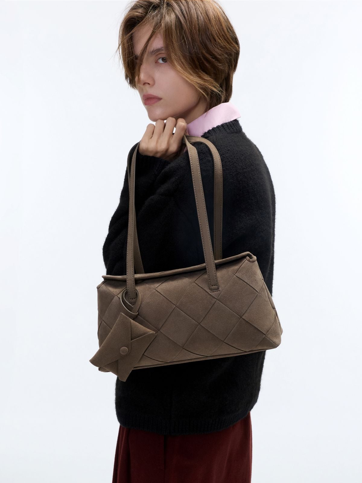 Stone Grey Maribel Woven Trapeze Shoulder Bag -  CHARLES & KEITH