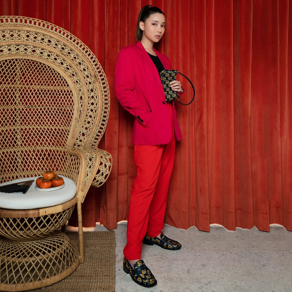 Tiger Print Jacquard Shoulder Bag and Antonia Penny Loafers, both in navy - CHARLES & KEITH
