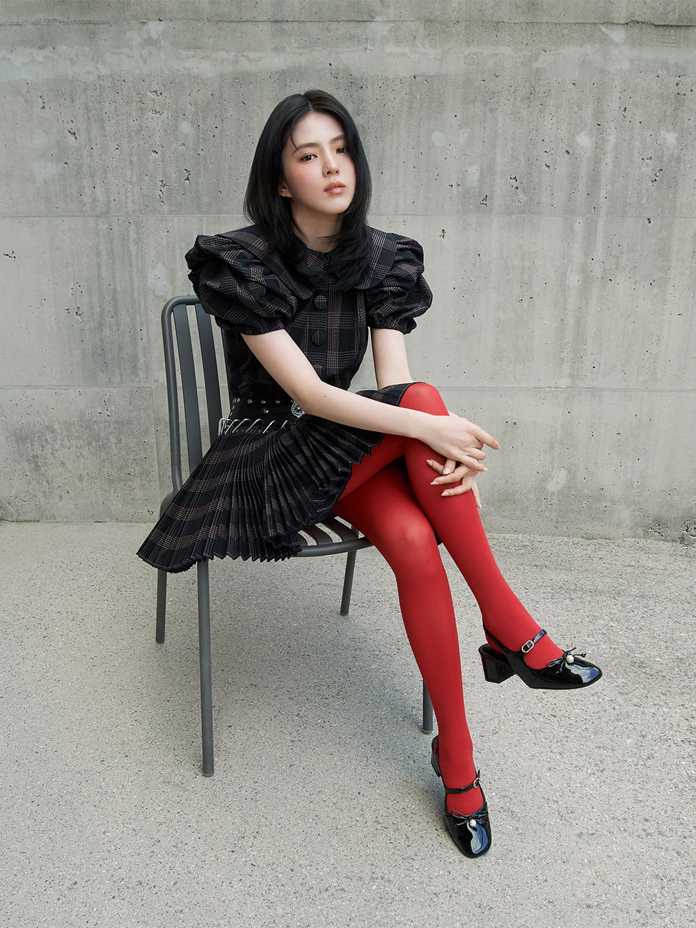 Women’s patent bow crystal-pearl slingback Mary Jane pumps paired with red tights, as seen on Han So Hee - CHARLES & KEITH