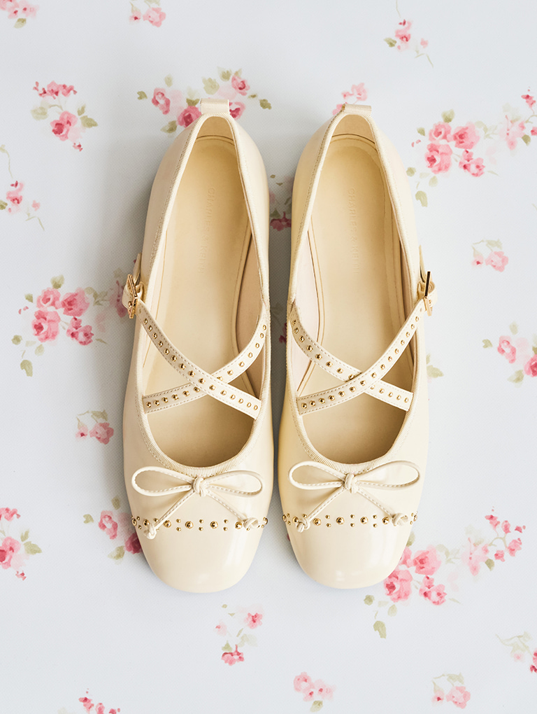 Women’s studded crossover-strap Mary Jane flats in chalk – CHARLES & KEITH