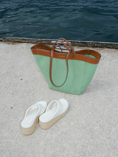 Women’s knitted sculptural tote bag and espadrile thong sandals, as seen on Valentina Marzullo - CHARLES & KEITH