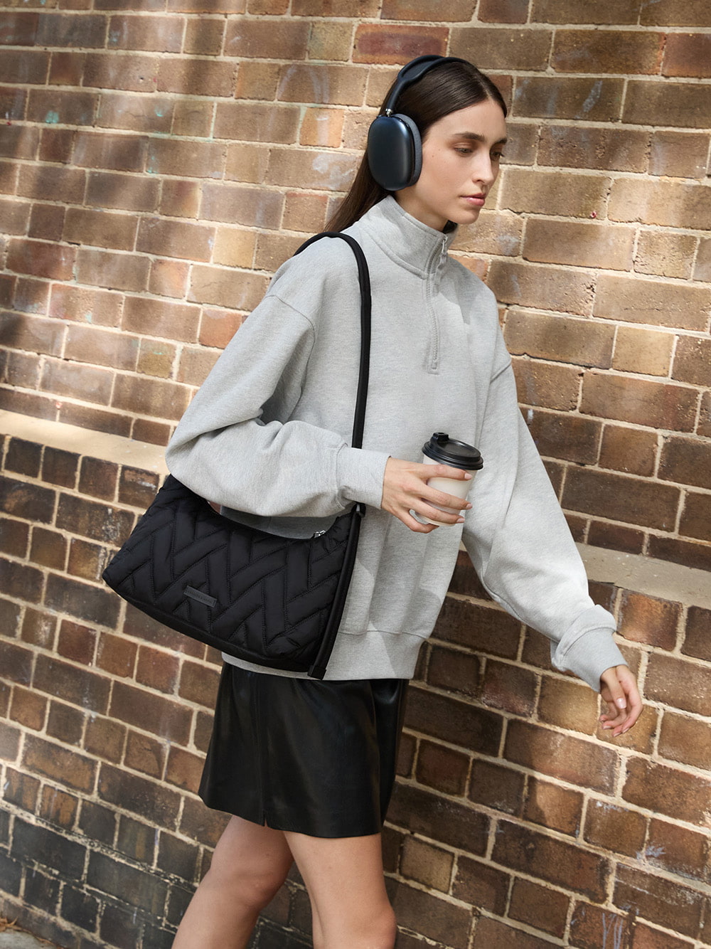 Women's Nylon Chevron Shoulder bag in black - CHARLES & KEITH