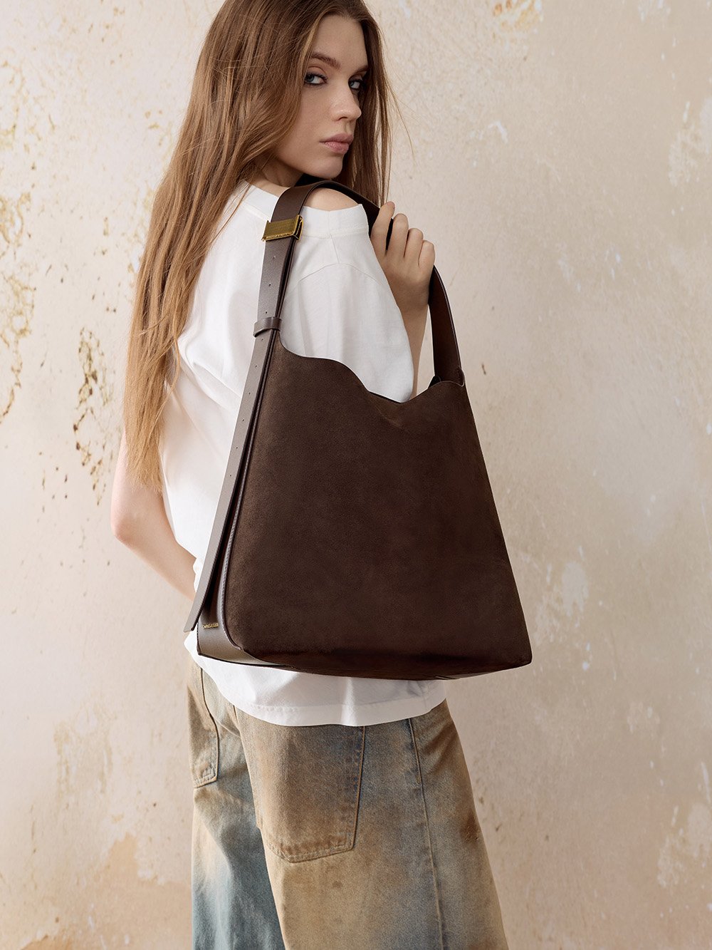 Women’s Edna Recycled Suede hobo bag in espresso brown - CHARLES & KEITH