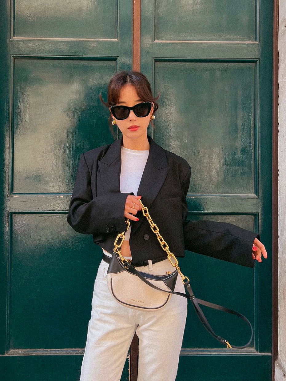 Women’s Alma thong mules and Shalia chain-handle moon bag, as seen on Ki Eun Se - CHARLES & KEITH