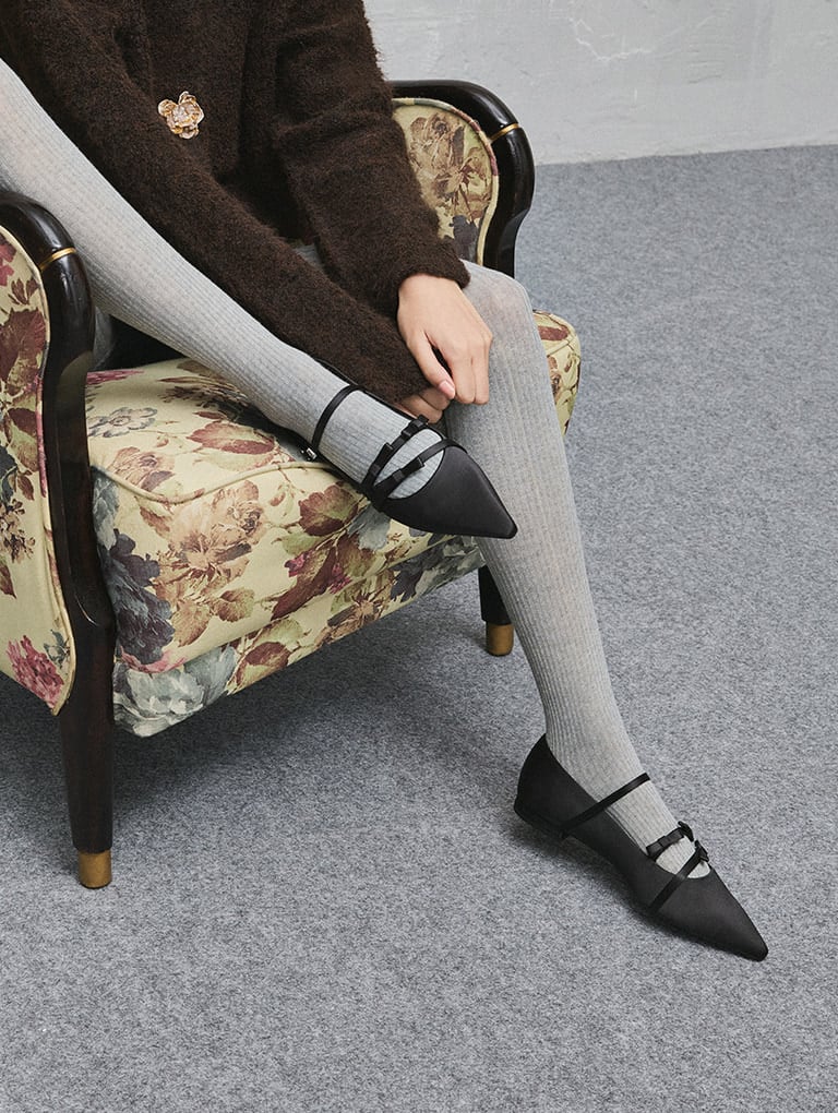 Women’s Jessy Recycled Polyester Bow Pointed-Toe Flats in black textured - CHARLES & KEITH