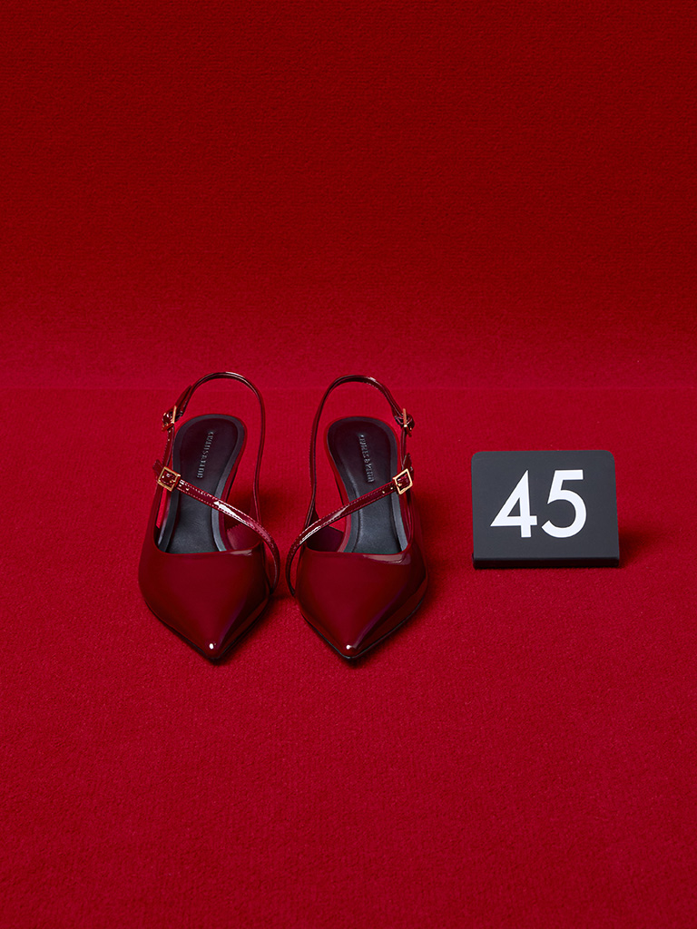 Patent Buckled Sculptural-Heel Slingback Pumps in red — CHARLES & KEITH