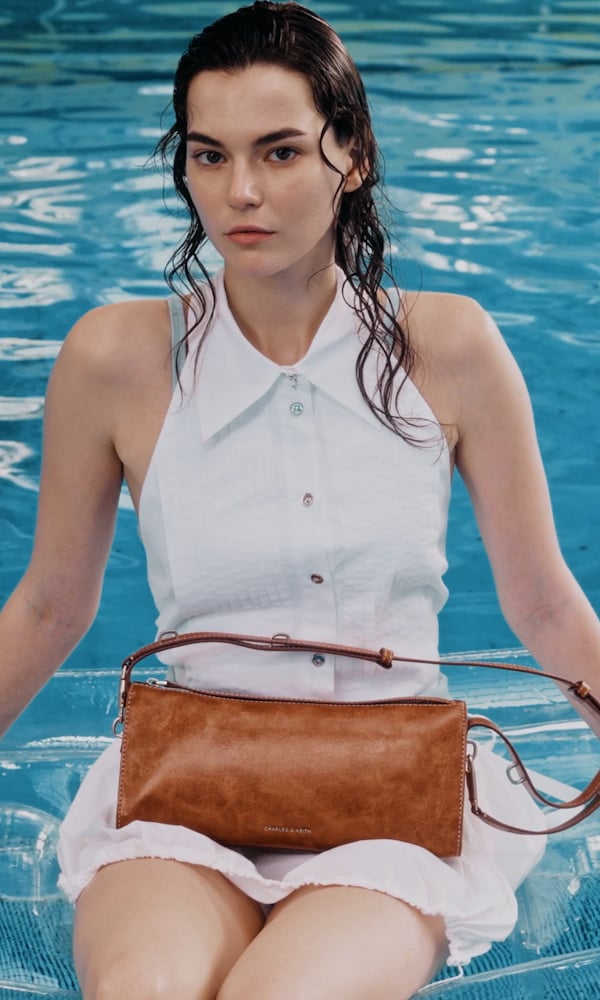 Distressed Tan Delfina Elongated Shoulder Bag -  CHARLES & KEITH
