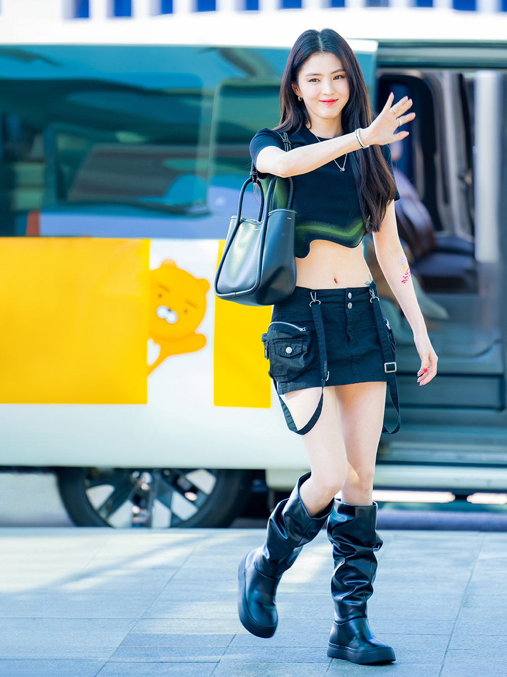 Women’s Recycled Polyester Knitted Gradient Wave-Hem Crop Top; Ruched Slouchy Knee-High Boots; Mini Lyla Tubular Tote Bag, as seen Han So Hee - CHARLES & KEITH