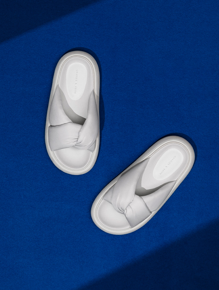Women’s Nylon round-toe slide sandals in white - CHARLES & KEITH