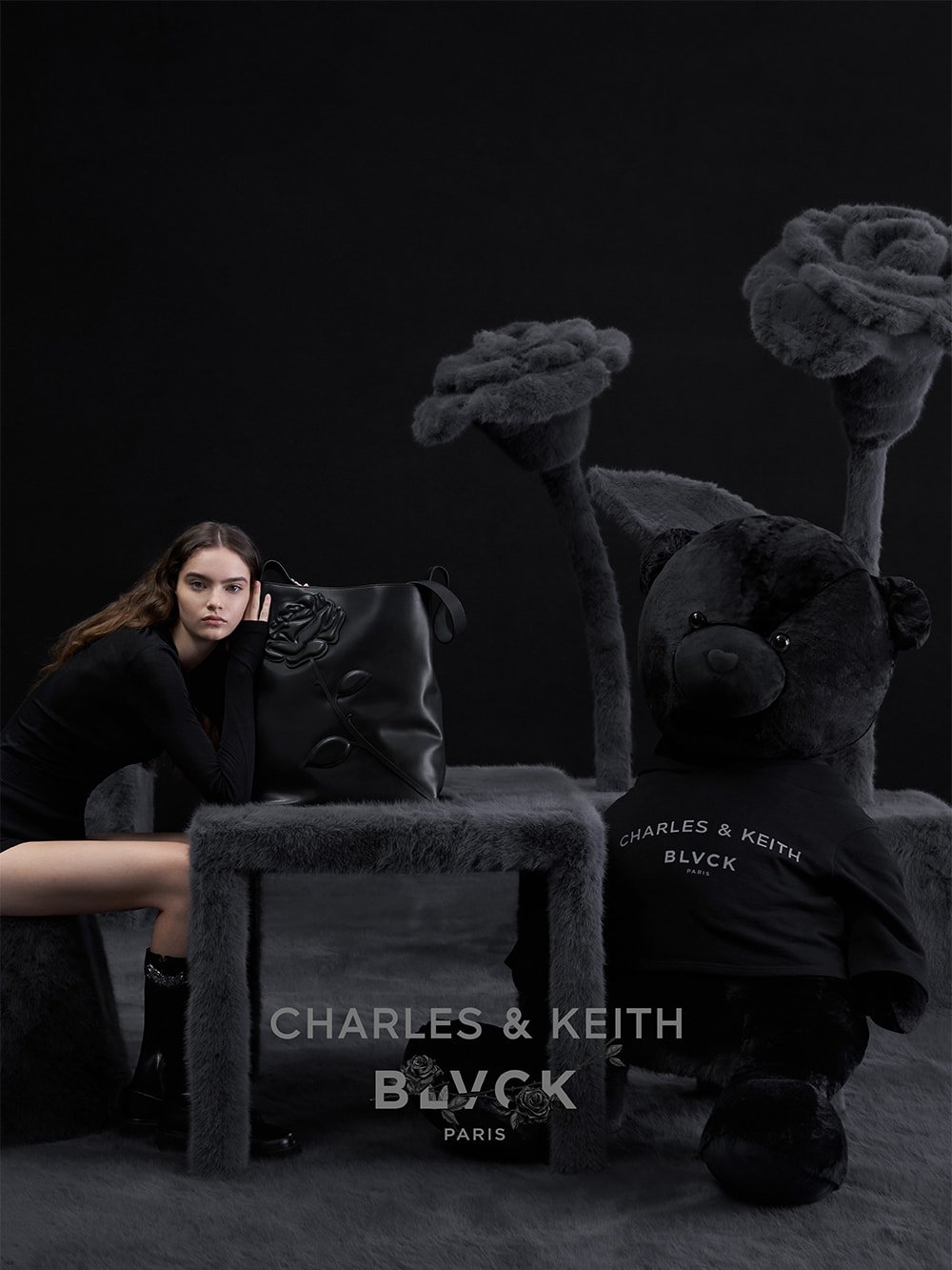 Women's Noir Rose-Motif Trapeze Shoulder Bag and Black Imogen Rose-Motif Chunky Knee-High Boots - CHARLES & KEITH x BLVCK