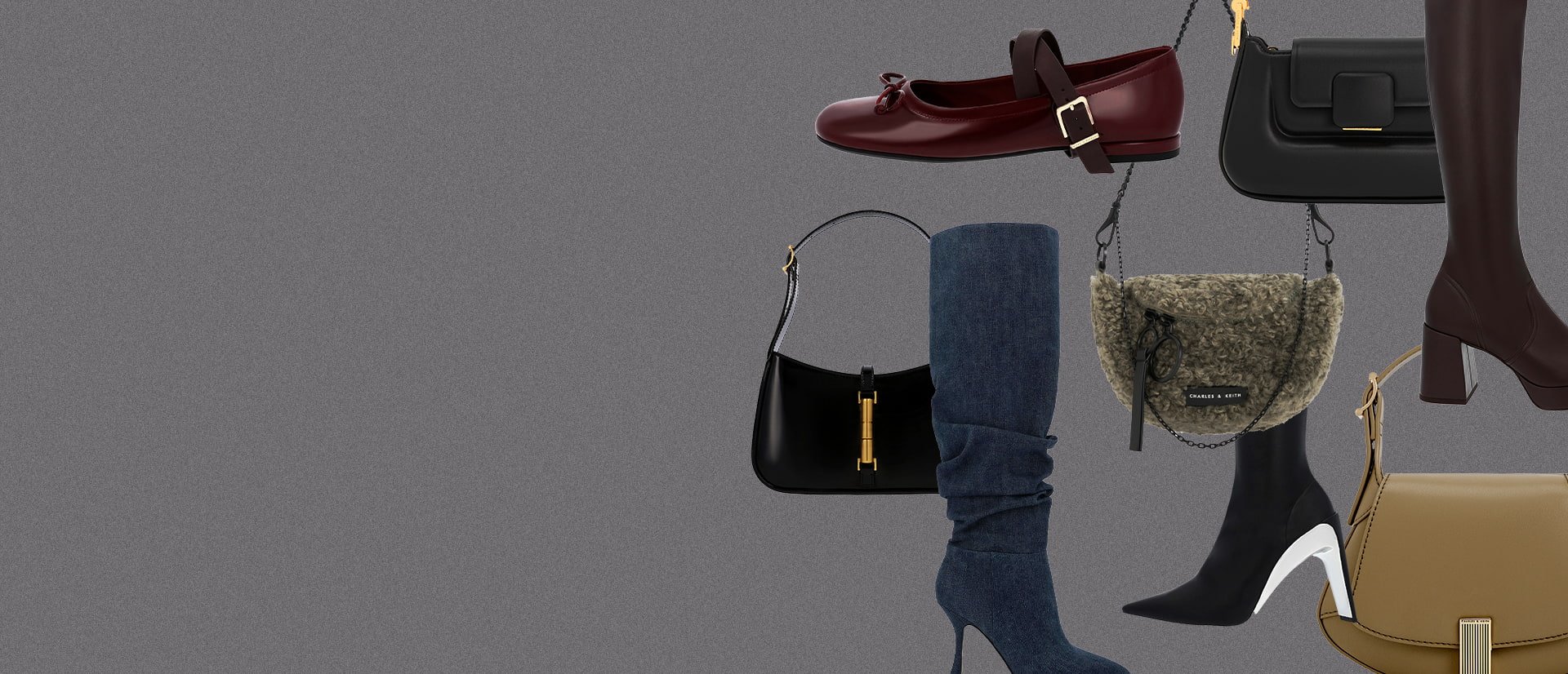 Women’s Koa Push-Lock Top Handle Bag, Cesia Metallic Accent Shoulder Bag, Metallic-Accent Curved Top Handle Bag, Philomena Furry Half-Moon Crossbody Bag, Aster Denim Ruched Knee-High Boots, Metallic Open-Toe Slingback Pumps and Delphine Recycled Polyester Platform Mules - CHARLES & KEITH