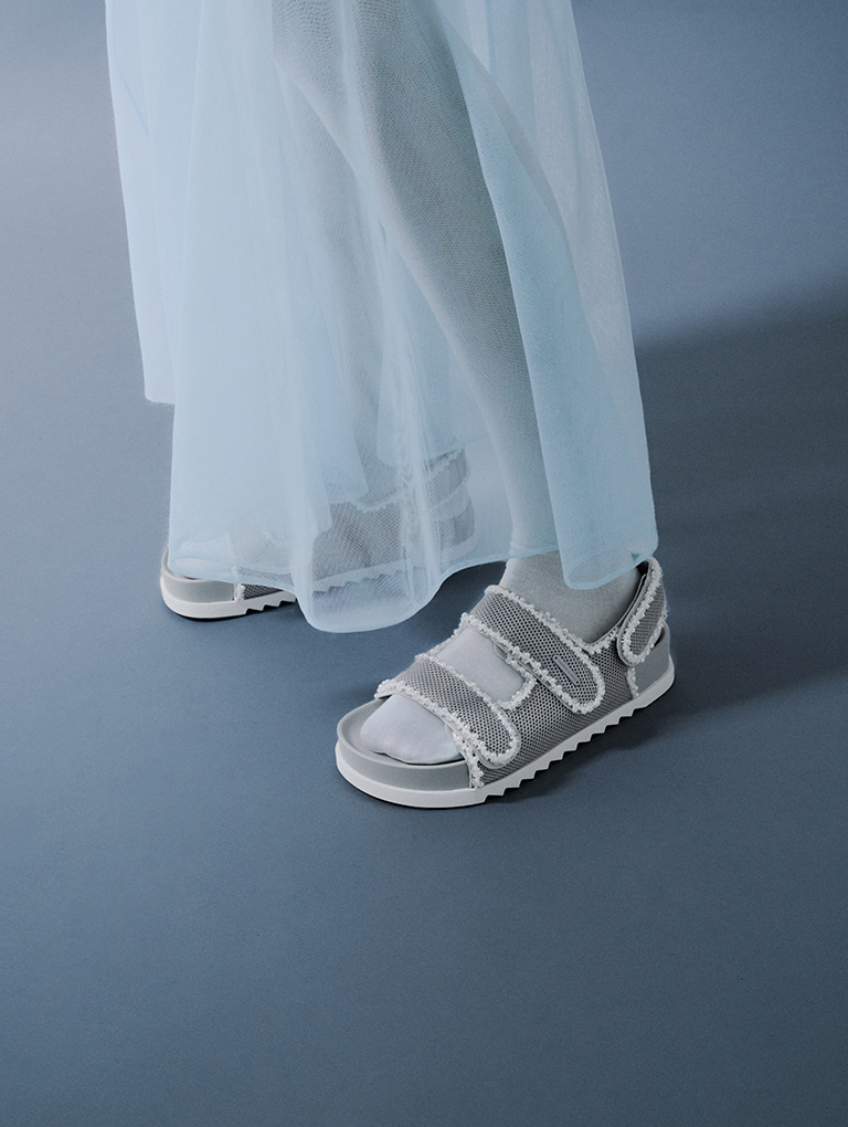 Women’s mesh pearl-embellished flatform sandals in silver (close up) - CHARLES & KEITH