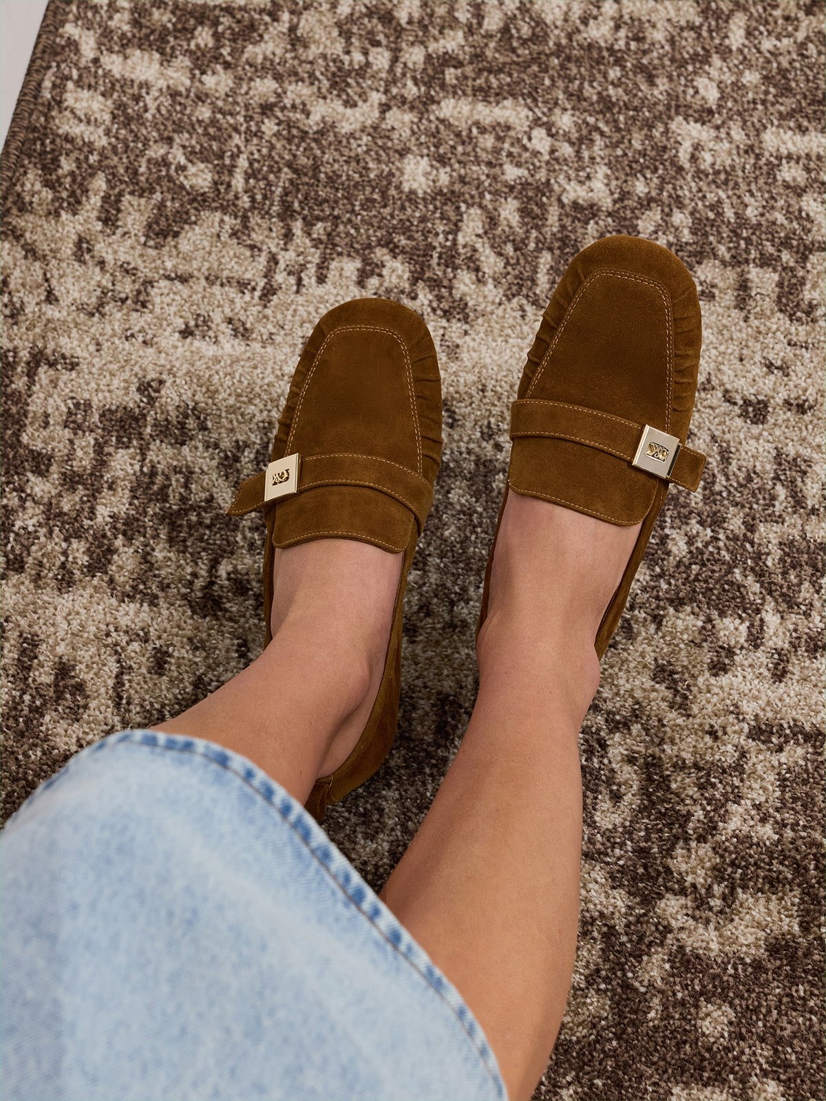 Brown Cody Suede Metallic-Buckle Ruched Loafers - CHARLES & KEITH