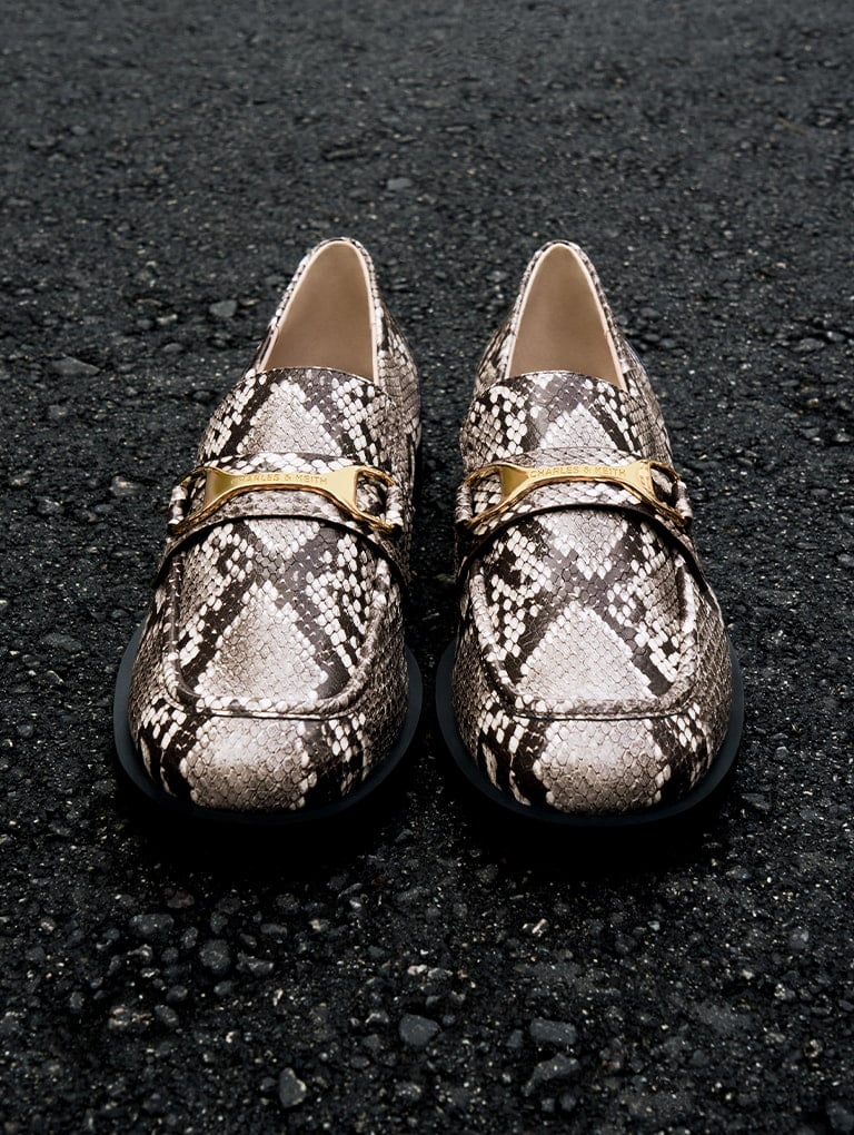 Women’s snake-print metallic-accent loafers in animal print natural - CHARLES & KEITH