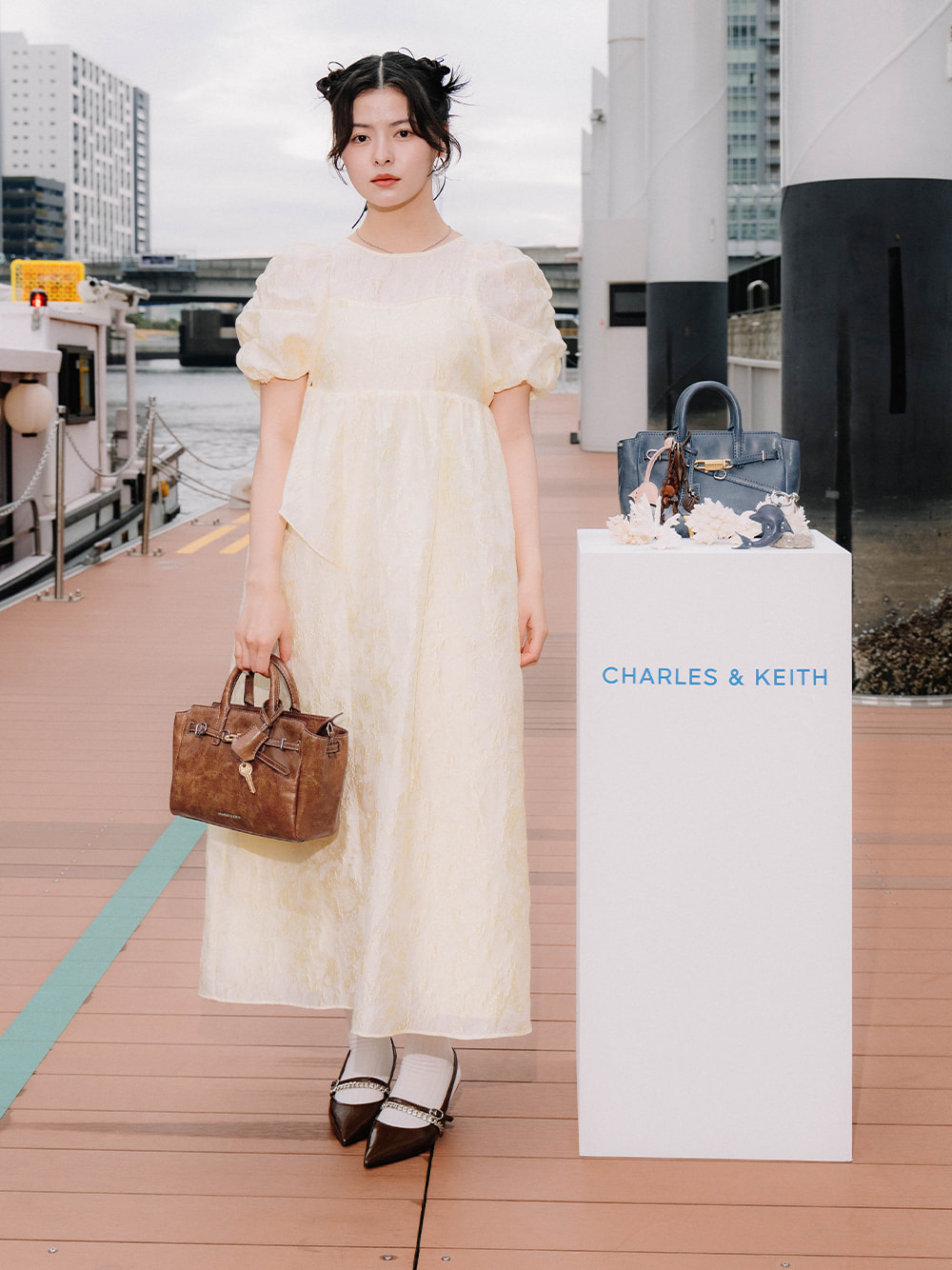 Women’s distressed tan Delfina belted tote bag, as seen on Hanon - CHARLES & KEITH