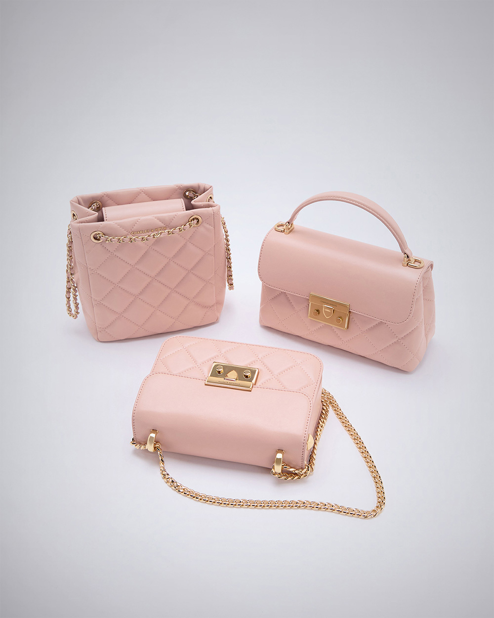 Women’s Alva quilted top handle bag in light pink, Alva quilted chain-handle bag in light pink and Alva quilted braided-strap shoulder bag in light pink - CHARLES & KEITH