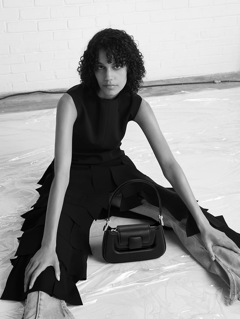 Women’s Koa push-lock top handle bag in black with mode - CHARLES & KEITH