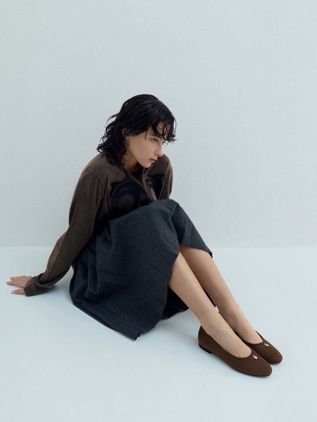 Dark Brown Textured Griselda Faux Suede Ballet Fla -  CHARLES & KEITH