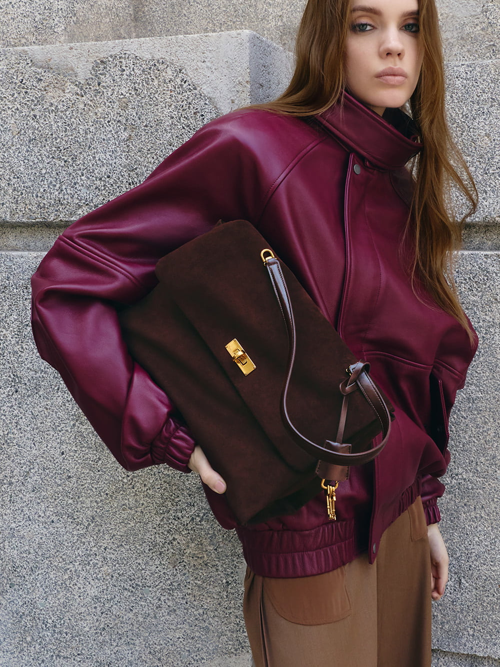 Women’s Kerry recycled suede top handle satchel bag in espresso brown - CHARLES & KEITH