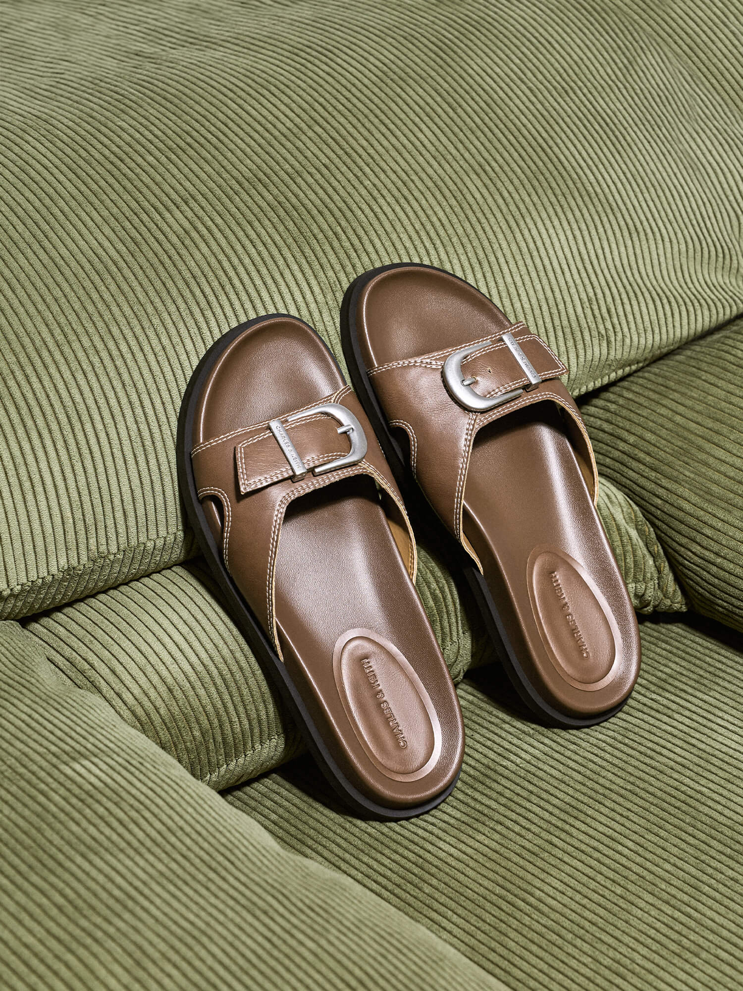 Cognac Stitch-Trim Buckled Slides - CHARLES & KEITH