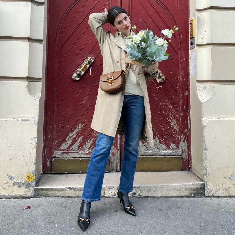 Women’s Amelia metallic push-lock crossbody bag and Elery slip-on ankle boots, as seen on Zoia Mossour - CHARLES & KEITH