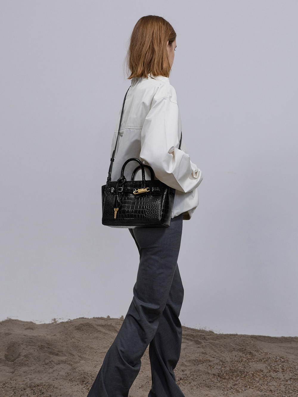 Mini Delfina belted tote bag in black croco - CHARLES & KEITH