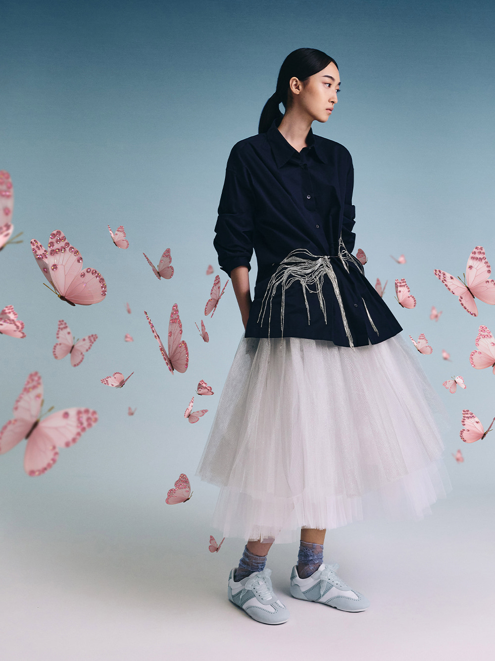 Women’s Cece Heart-Motif Sheer-Lace Sneakers in Light Blue - CHARLES & KEITH